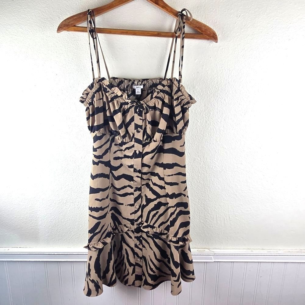 Bar III Womens Large Zebra Print Mini Dress Black Tan Button Front Ruffle Hem